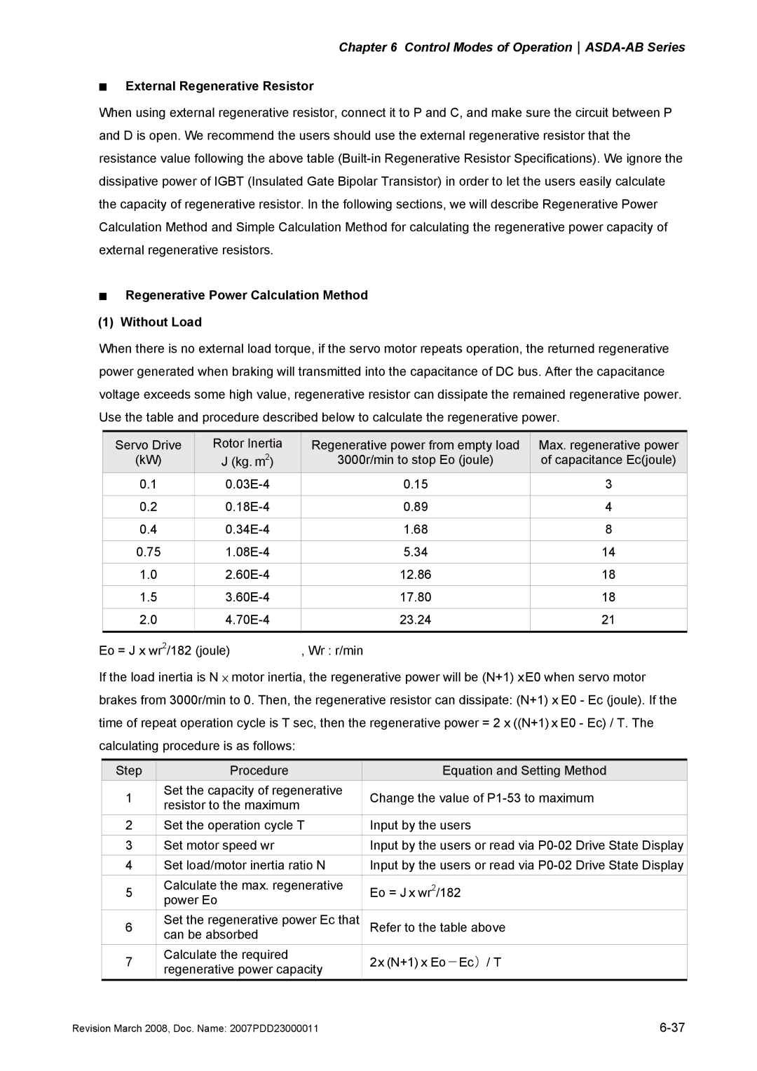 Delta Electronics none manual „ External Regenerative Resistor, „ Regenerative Power Calculation Method Without Load 