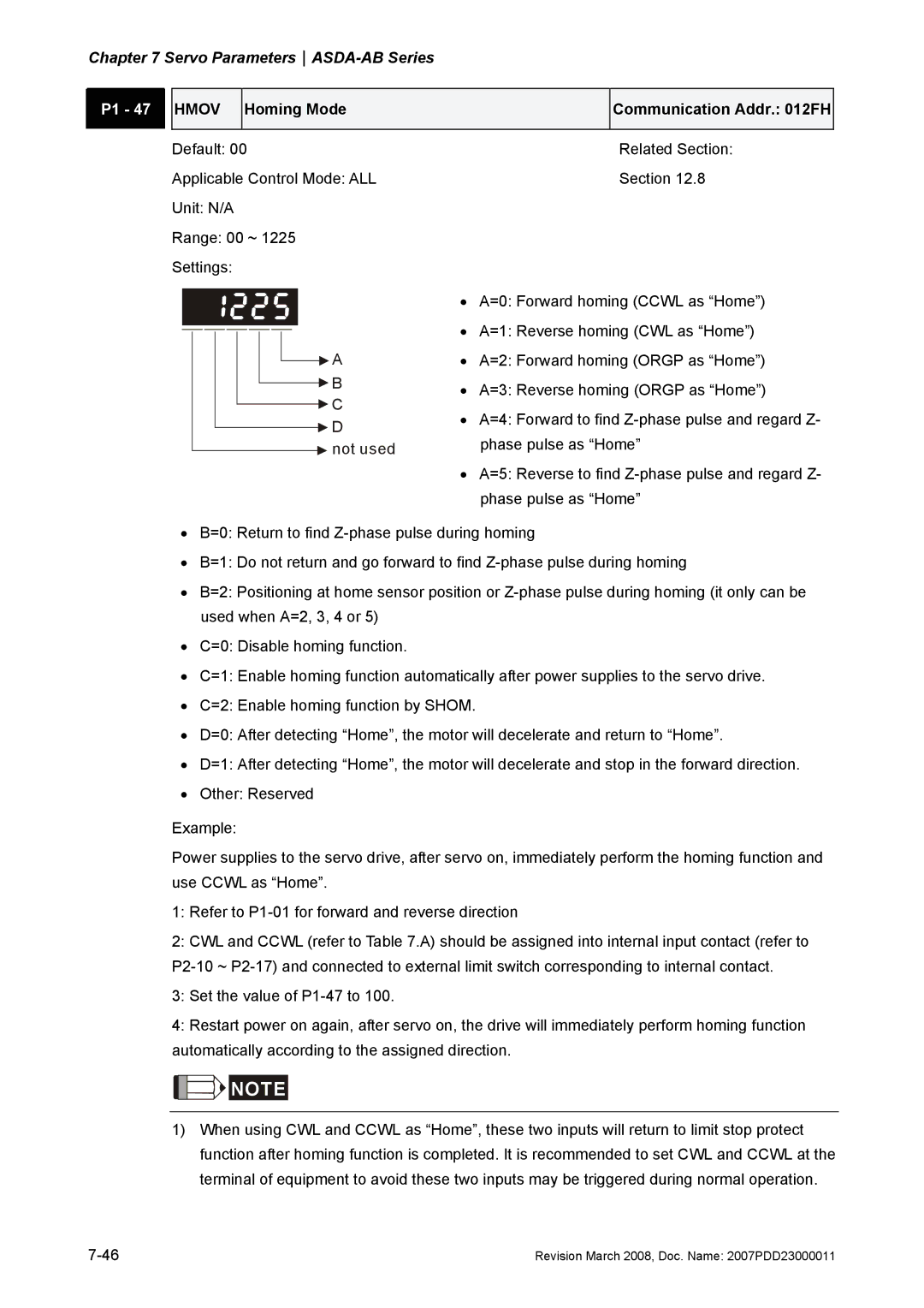 Delta Electronics none manual Hmov, Homing Mode Communication Addr FH 