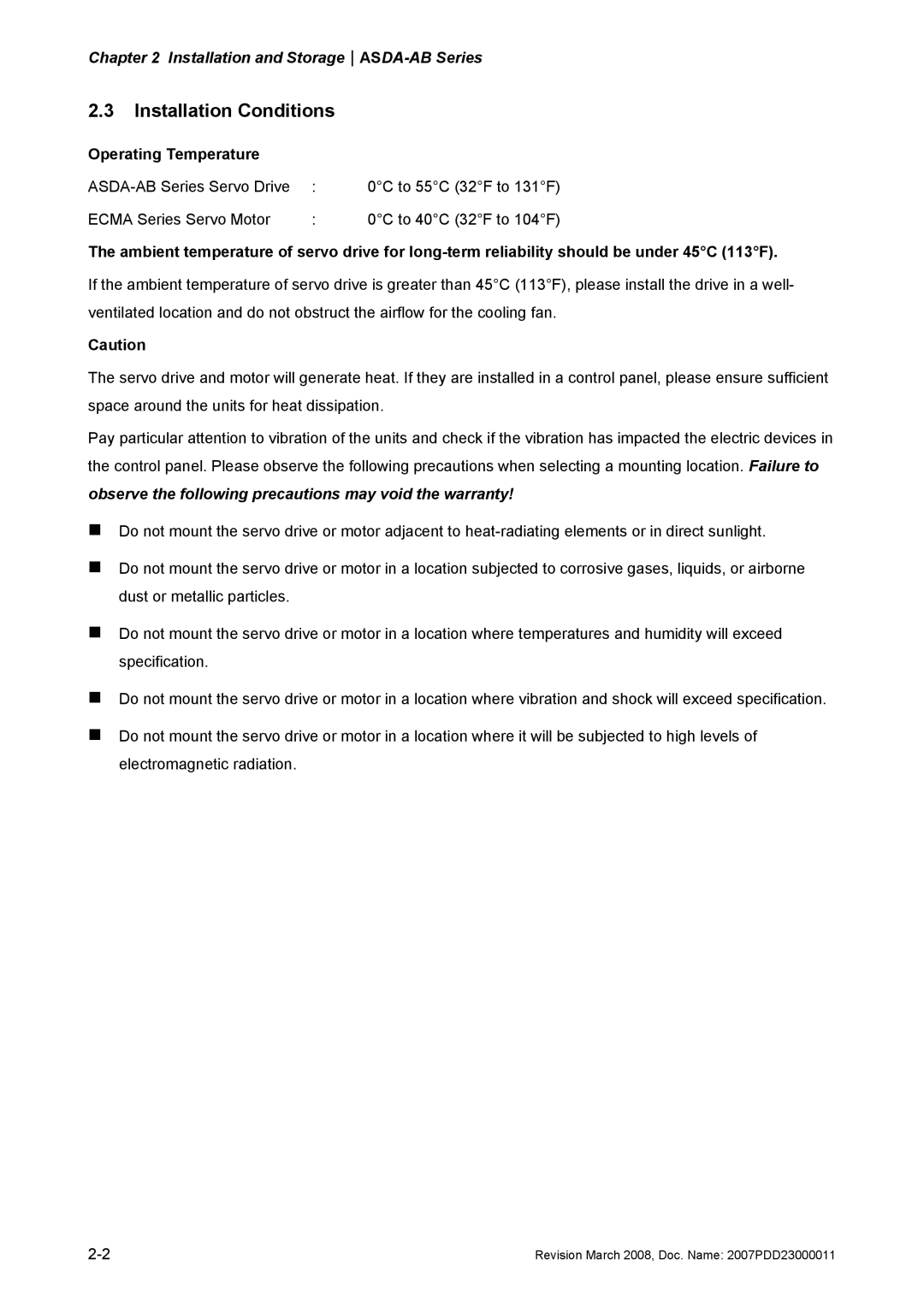 Delta Electronics none manual Installation Conditions, Operating Temperature 