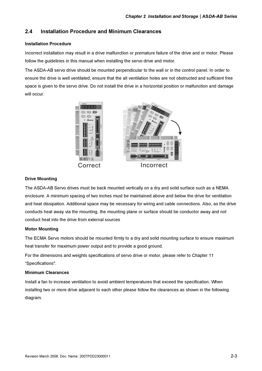 Delta Electronics none manual Installation Procedure and Minimum Clearances, Drive Mounting, Motor Mounting 