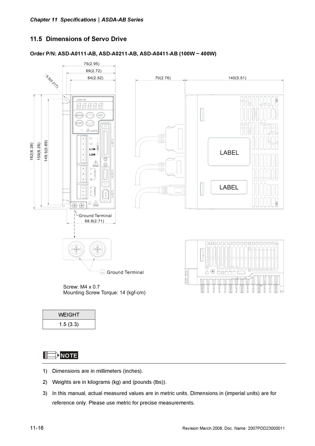 Delta Electronics none manual Dimensions of Servo Drive, Weight 