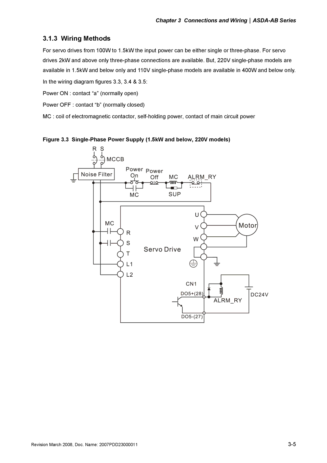 Delta Electronics none manual Wiring Methods, Single-Phase Power Supply 1.5kW and below, 220V models 