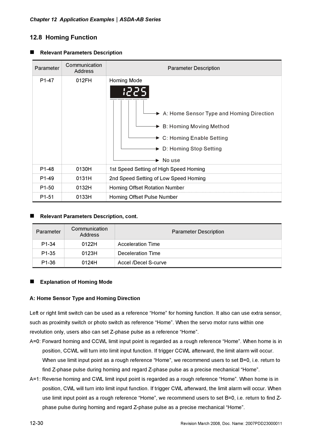 Delta Electronics none manual Homing Function, „ Relevant Parameters Description 