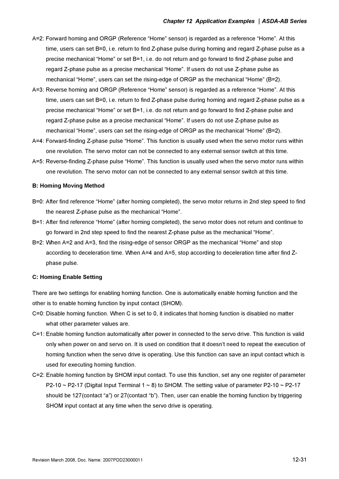 Delta Electronics none manual Homing Moving Method, Homing Enable Setting 