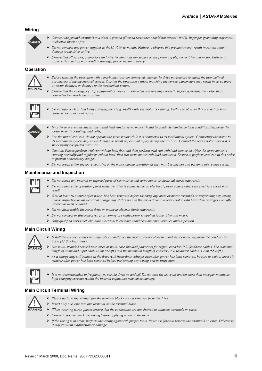 Delta Electronics none manual Operation, Maintenance and Inspection, Main Circuit Wiring, Main Circuit Terminal Wiring 