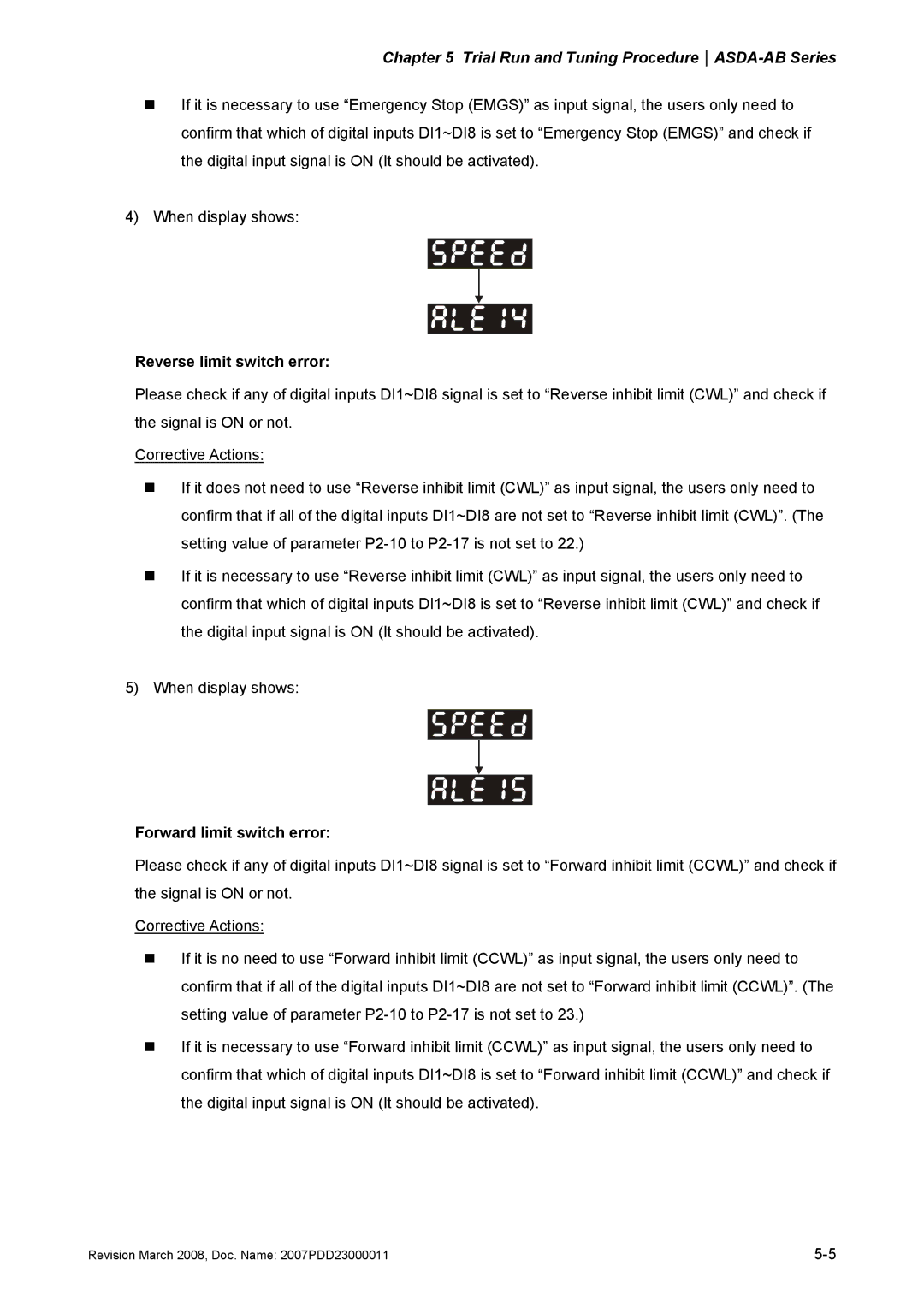 Delta Electronics none manual Reverse limit switch error, Forward limit switch error 