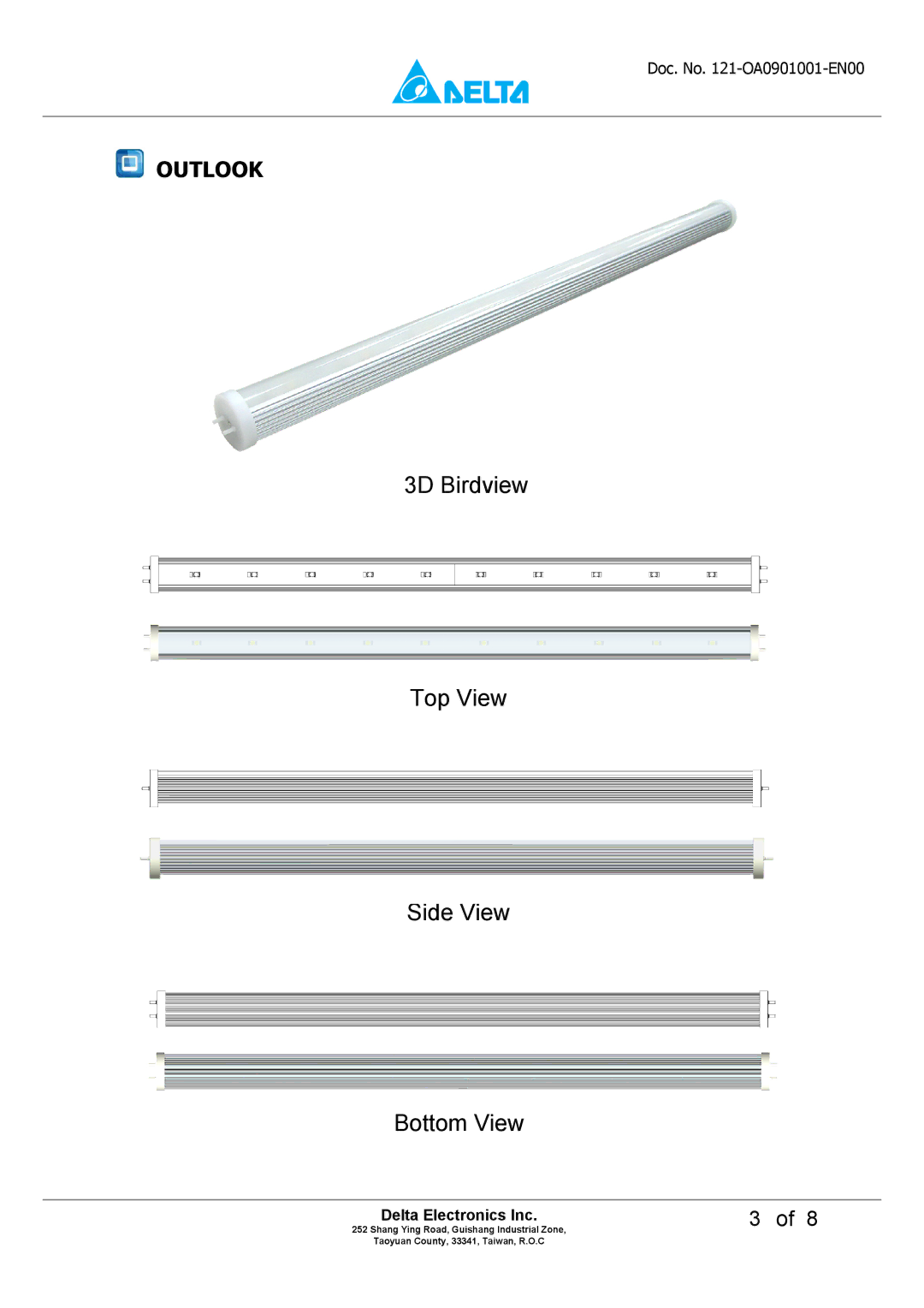 Delta Electronics OADT-10UAD manual 3D Birdview Top View Side View Bottom View, Outlook 