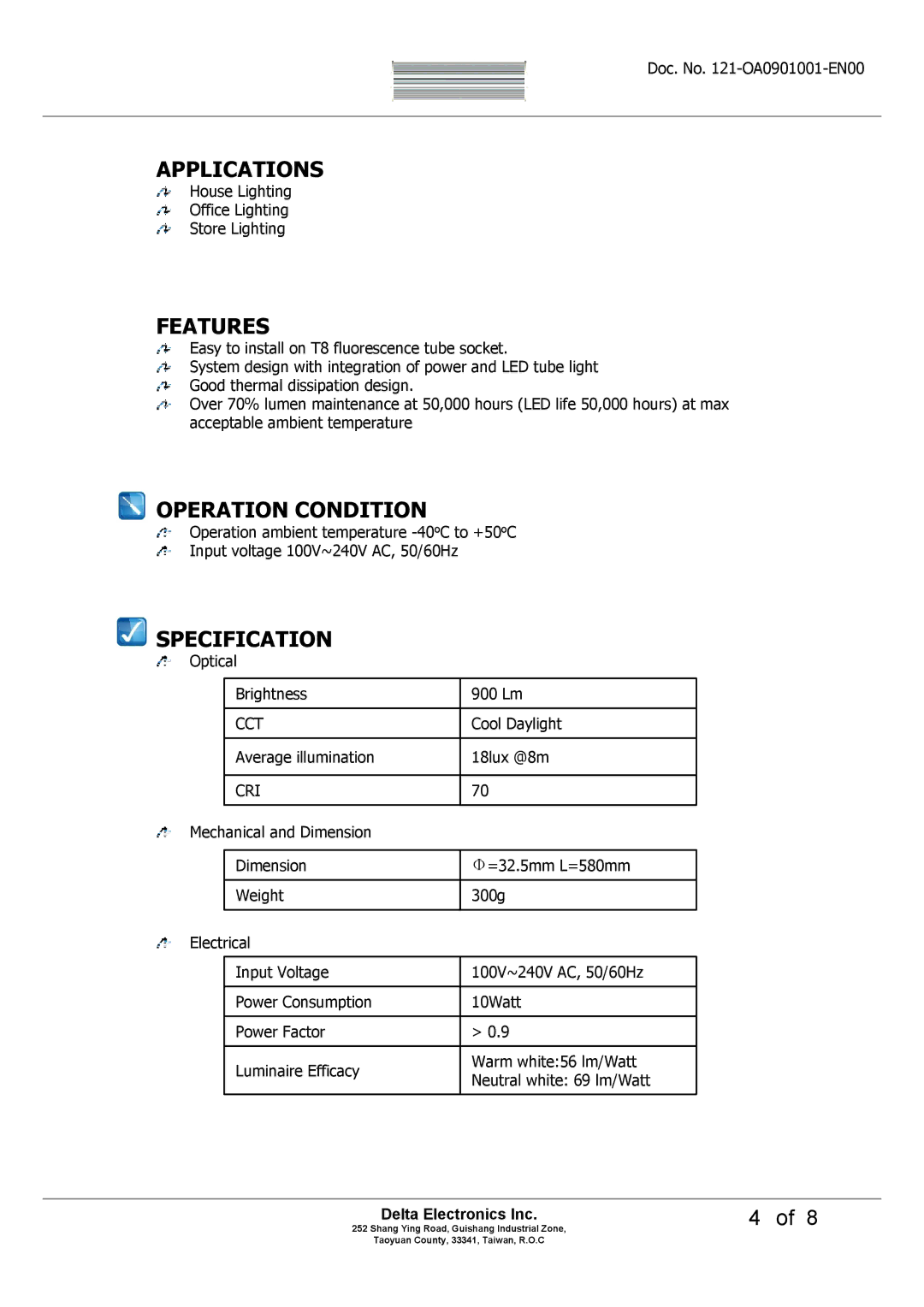 Delta Electronics OADT-10UAD manual Applications, Features, Operation Condition, Specification 