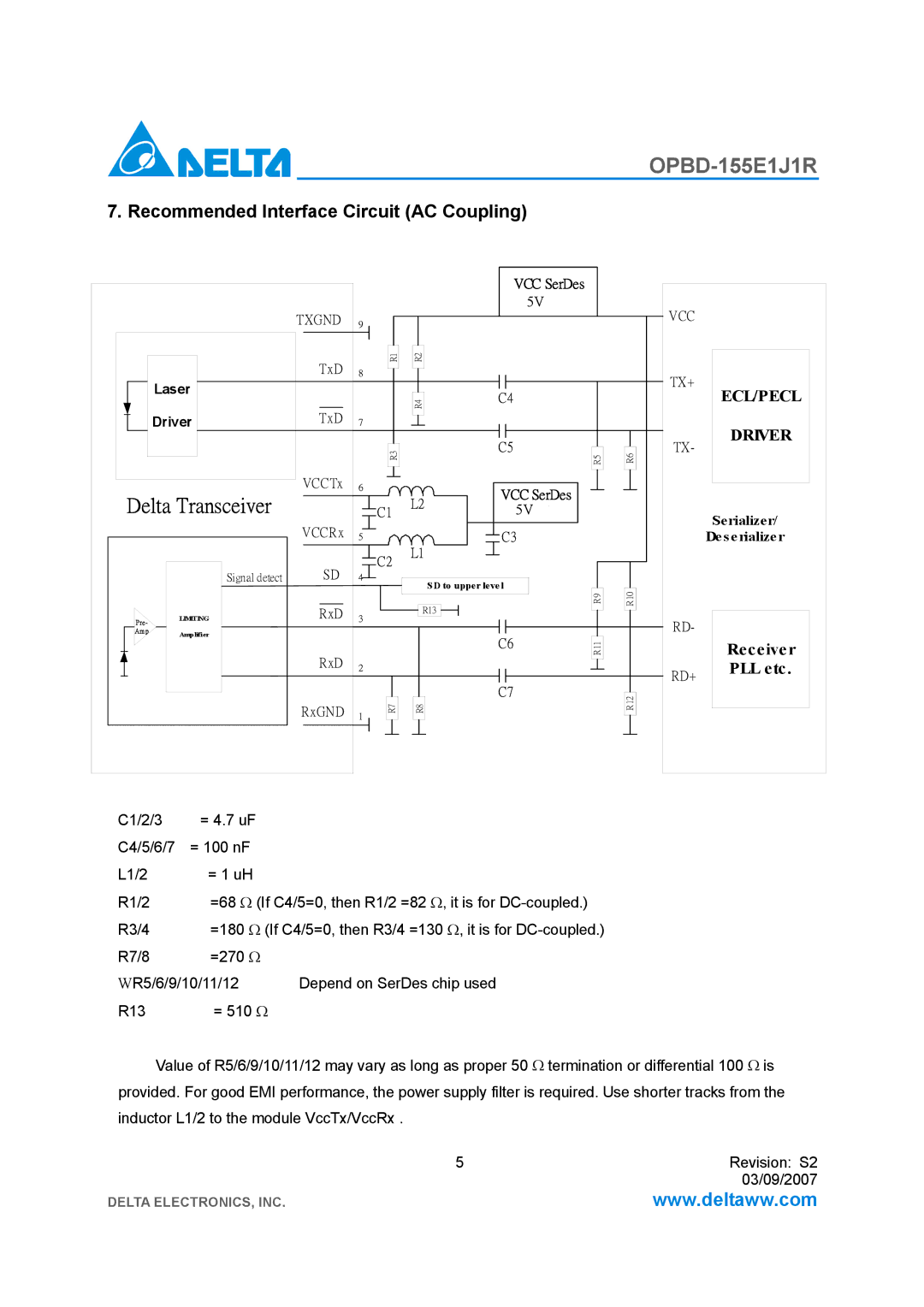 Delta Electronics OPBD-155E1J1R manual Delta Transceiver, Recommended Interface Circuit AC Coupling 