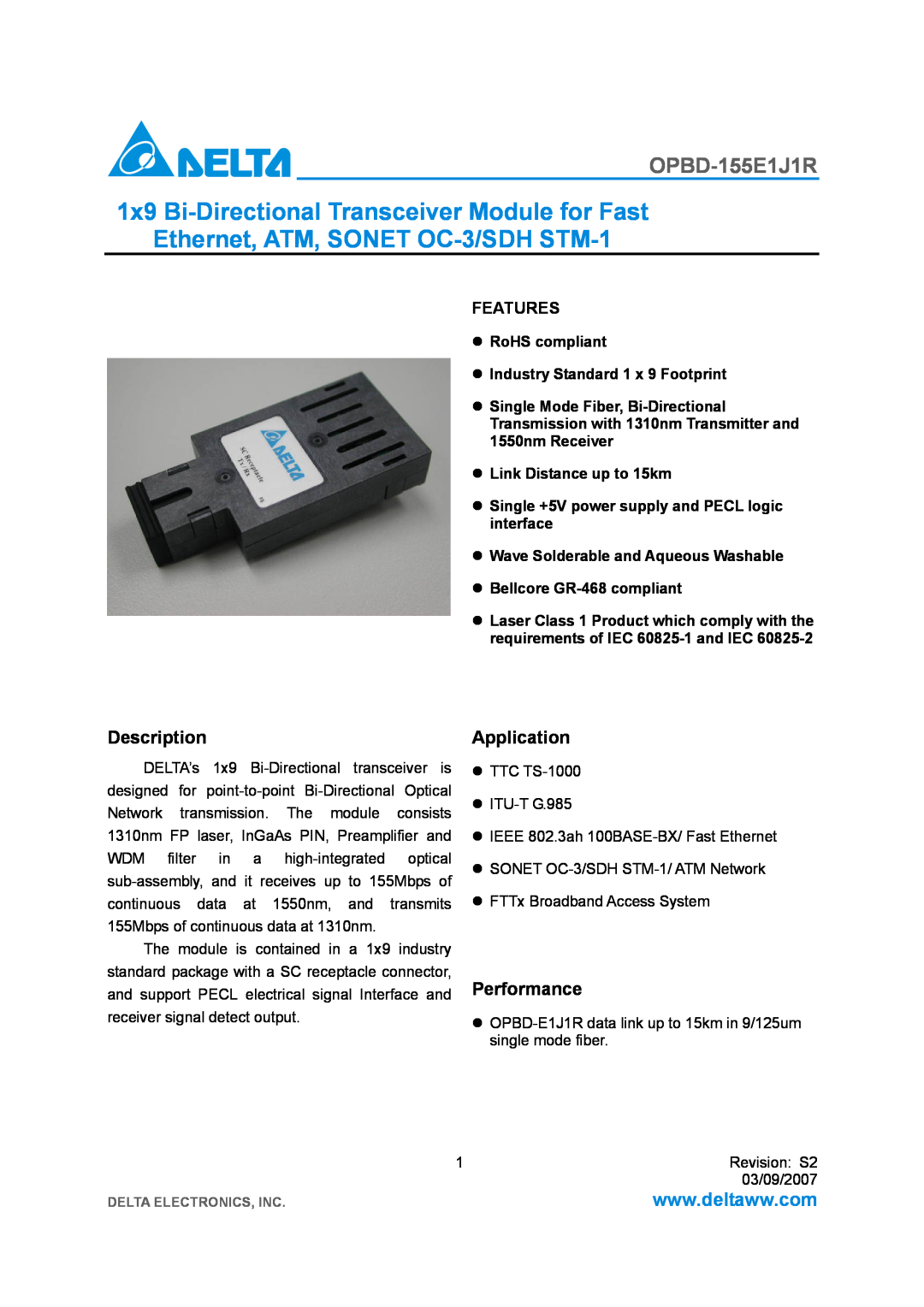 Delta Electronics OPBD-155E1J1R manual Description, Application, Performance, Link Distance up to 15km, Features 