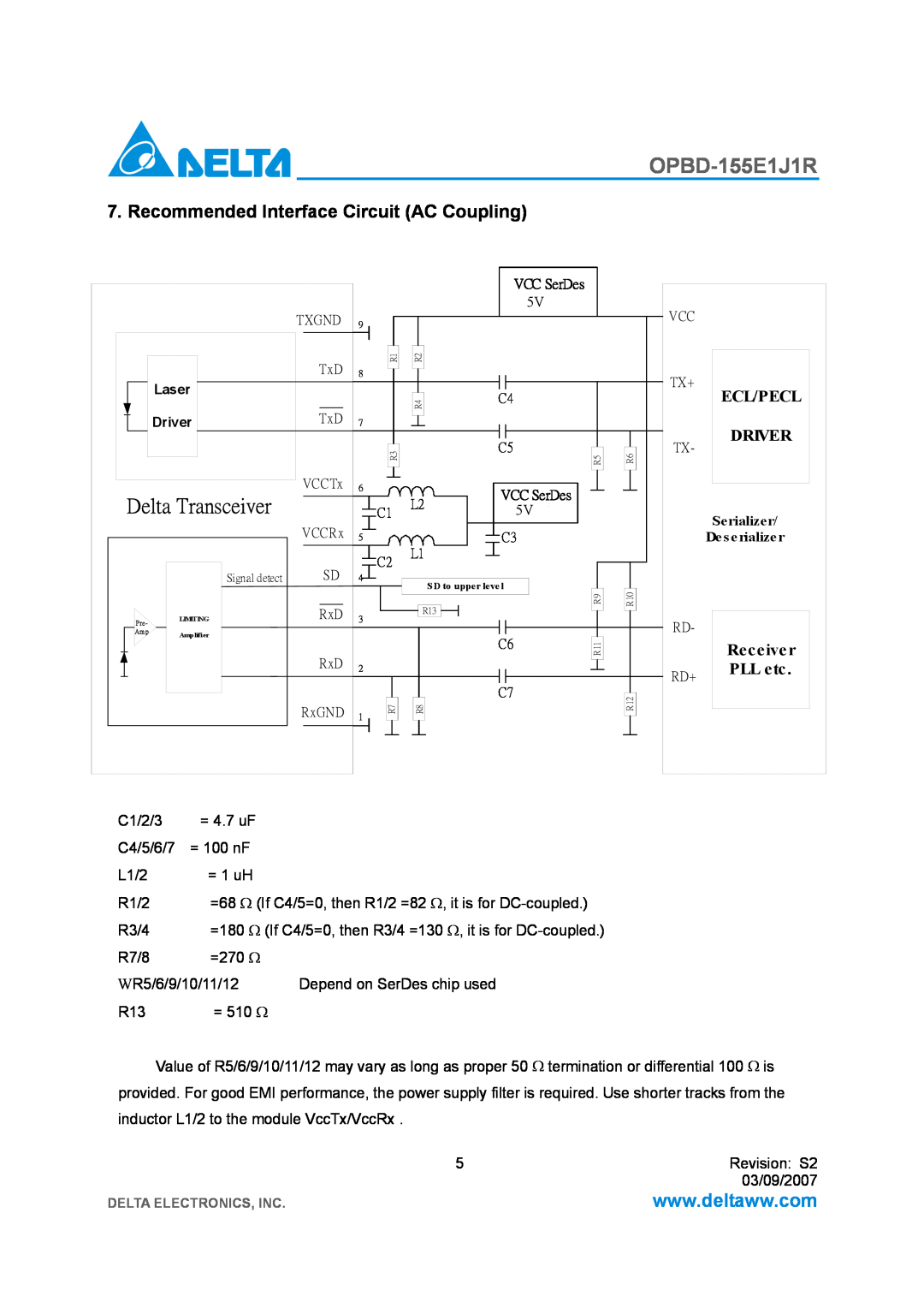 Delta Electronics OPBD-155E1J1R Recommended Interface Circuit AC Coupling, Delta Transceiver, Ecl/Pecl, Driver, Receiver 