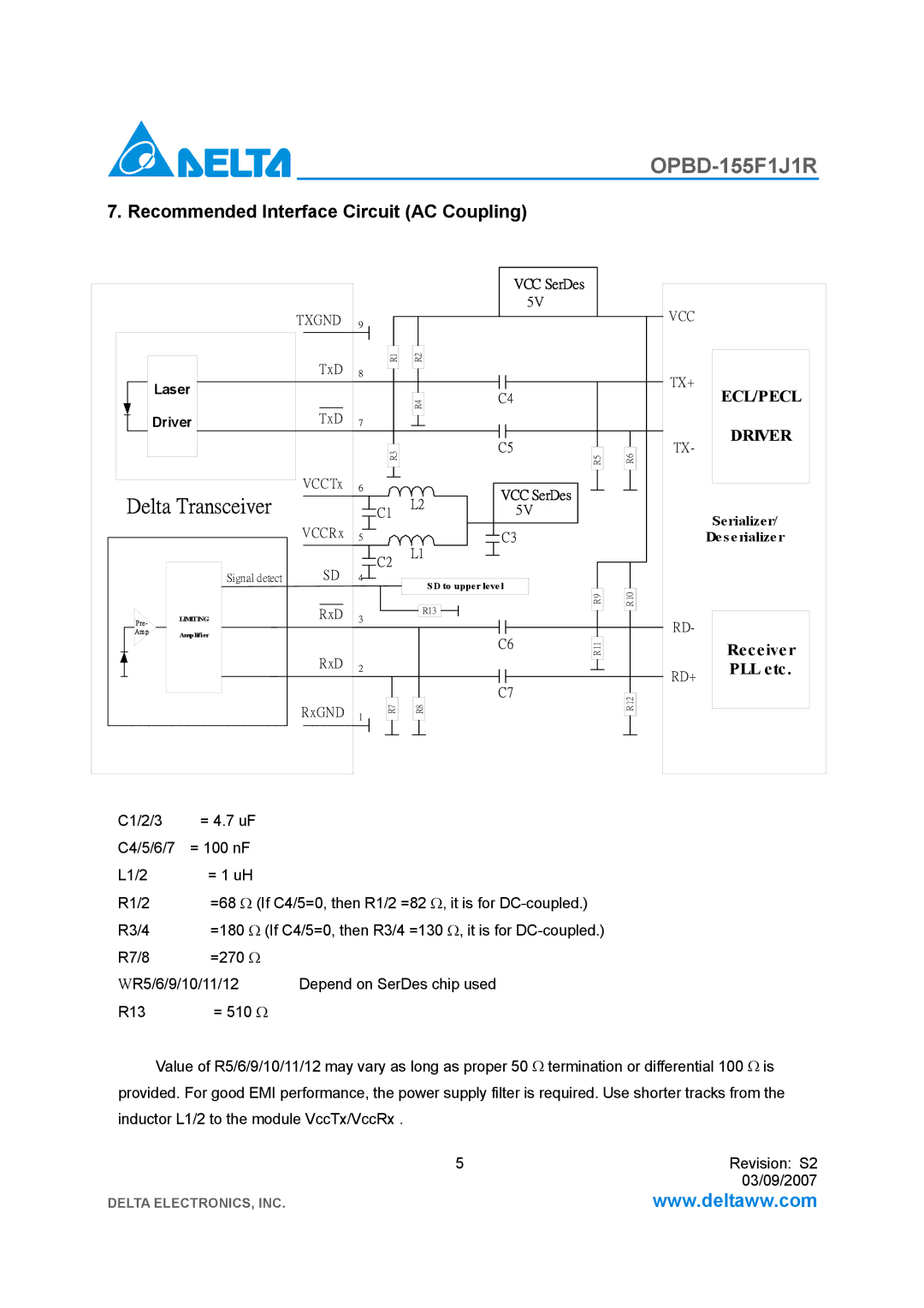 Delta Electronics OPBD-155F1J1R manual Delta Transceiver, Recommended Interface Circuit AC Coupling 