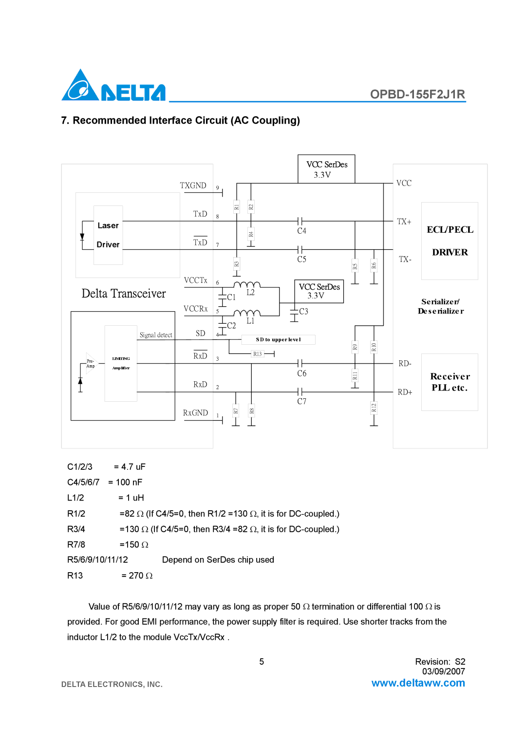 Delta Electronics OPBD-155F2J1R manual Delta Transceiver, Recommended Interface Circuit AC Coupling 