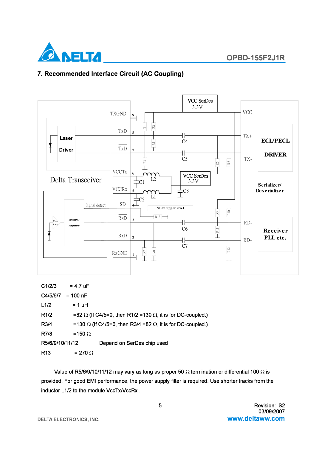 Delta Electronics OPBD-155F2J1R Recommended Interface Circuit AC Coupling, Delta Transceiver, Ecl/Pecl, Driver, Receiver 