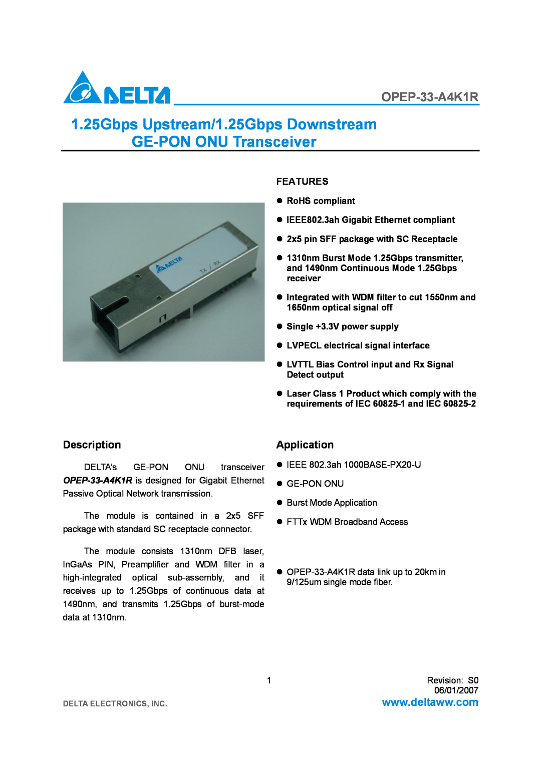 Delta Electronics OPEP-33-A4K1R manual Description, Application, Features 