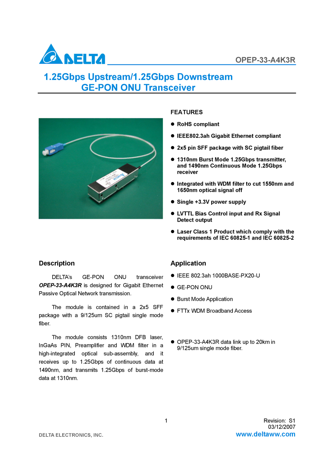 Delta Electronics OPEP-33-A4K3R manual Description, Application, Ge-Pon Onu 