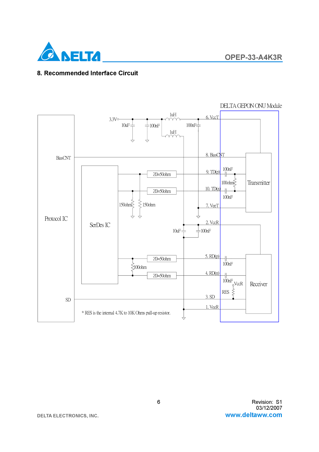 Delta Electronics OPEP-33-A4K3R manual Recommended Interface Circuit, Protocol IC Delta Gepon ONU Module 