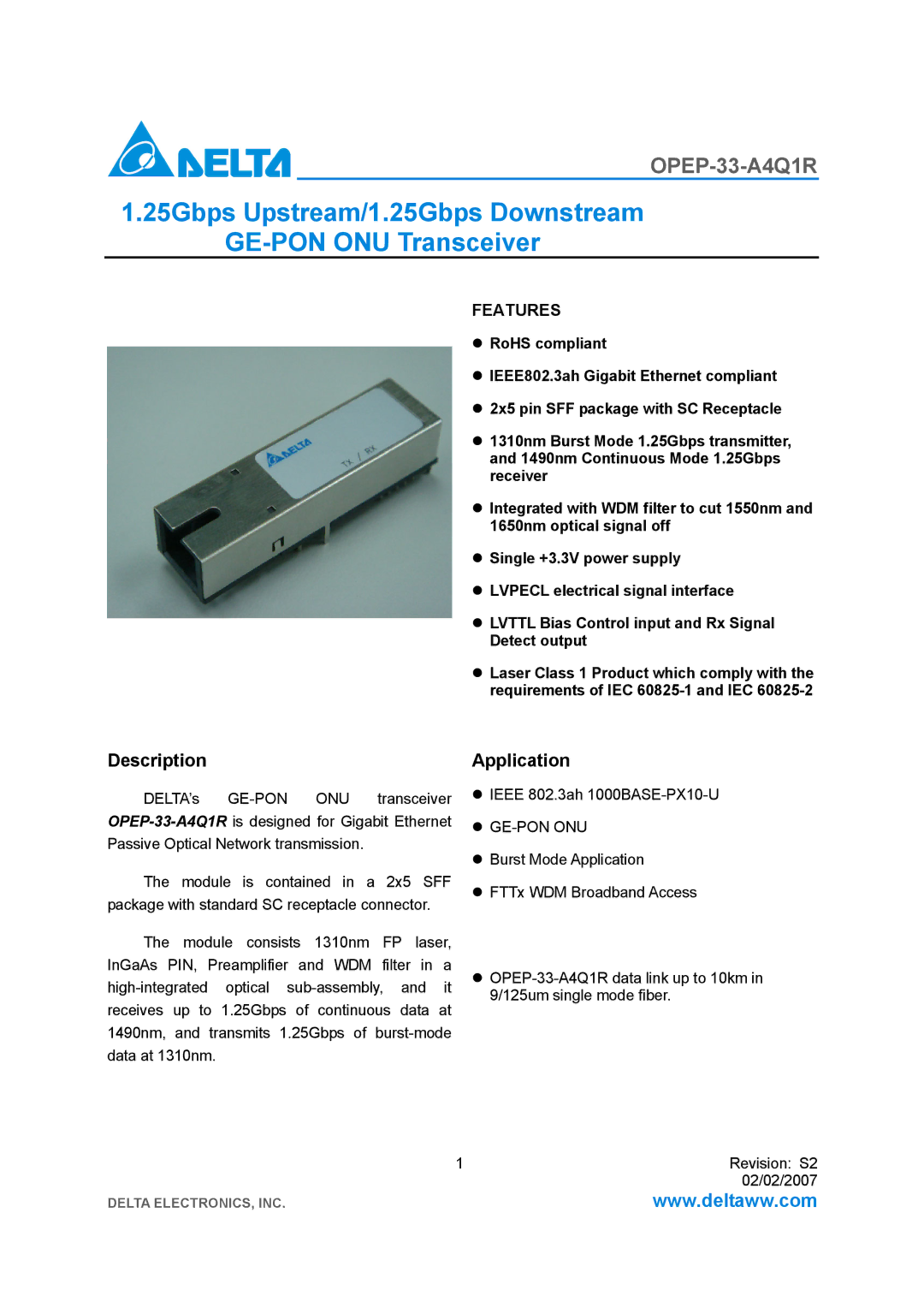 Delta Electronics OPEP-33-A4Q1R manual Description, Application, Ge-Pon Onu 