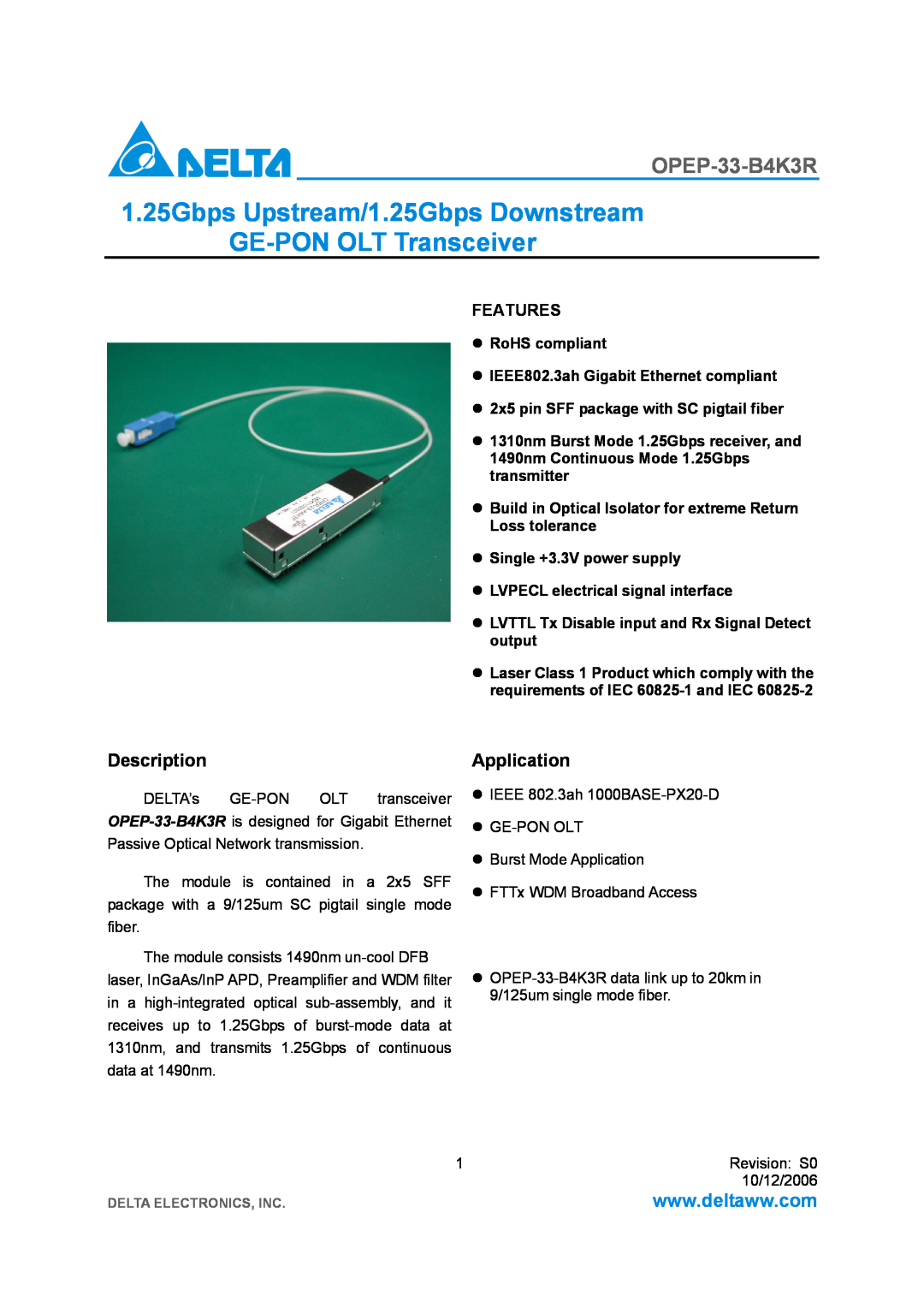 Delta Electronics OPEP-33-B4K3R manual Description, Application, Features 