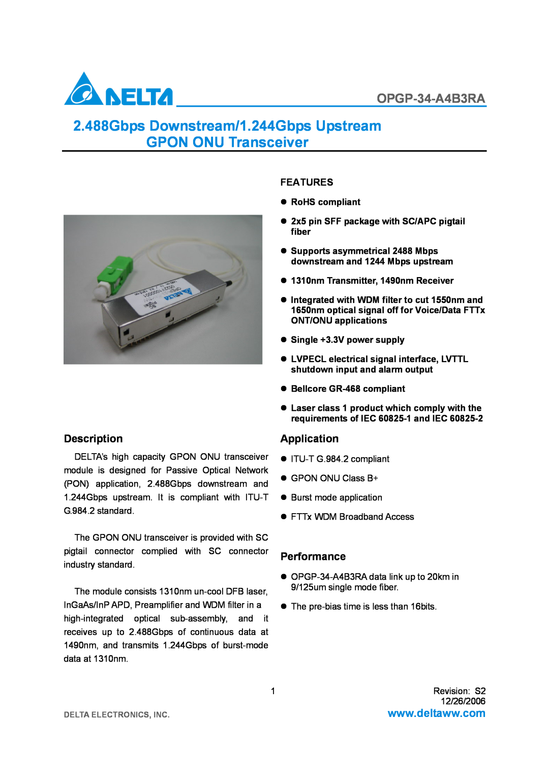 Delta Electronics OPGP-34-A4B3RA manual Description, Performance, Features, Application 