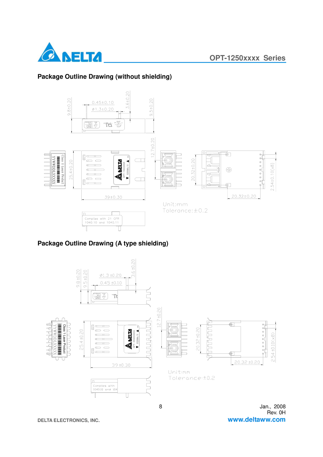 Delta Electronics OPT-1250xxxx Series specifications Class 1 Laser Product 