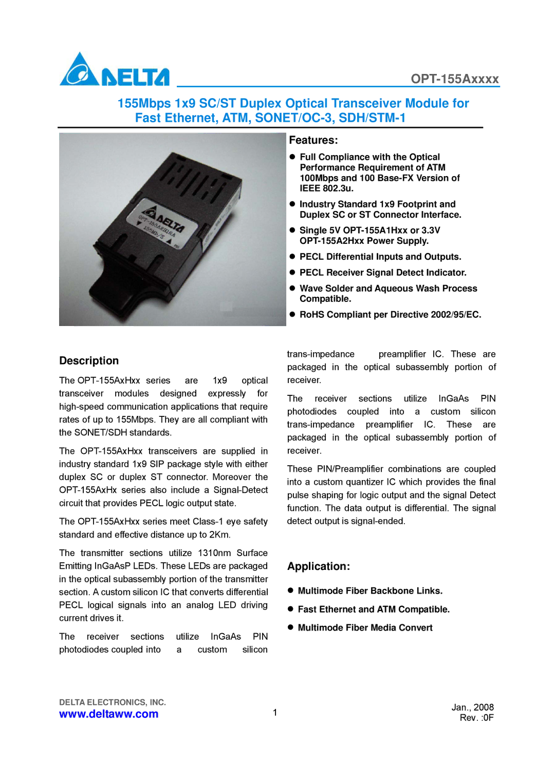 Delta Electronics OPT-155Axxxx manual Features, Description, Application 