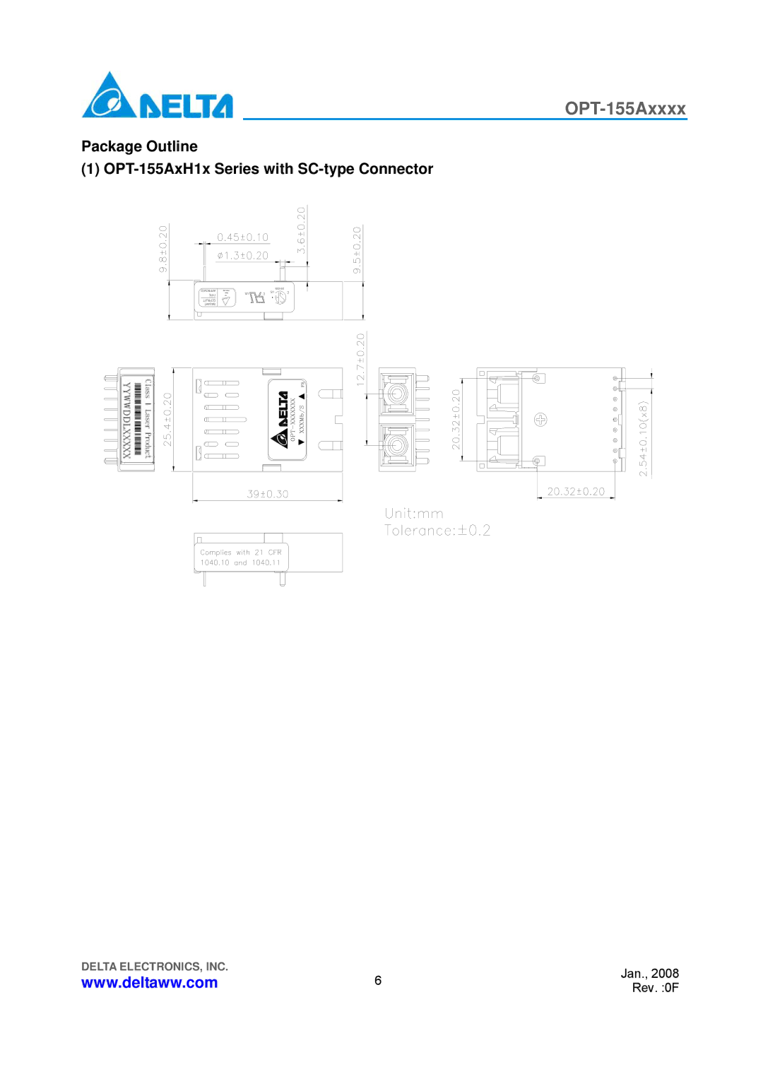 Delta Electronics OPT-155Axxxx manual Package Outline OPT-155AxH1x Series with SC-type Connector 