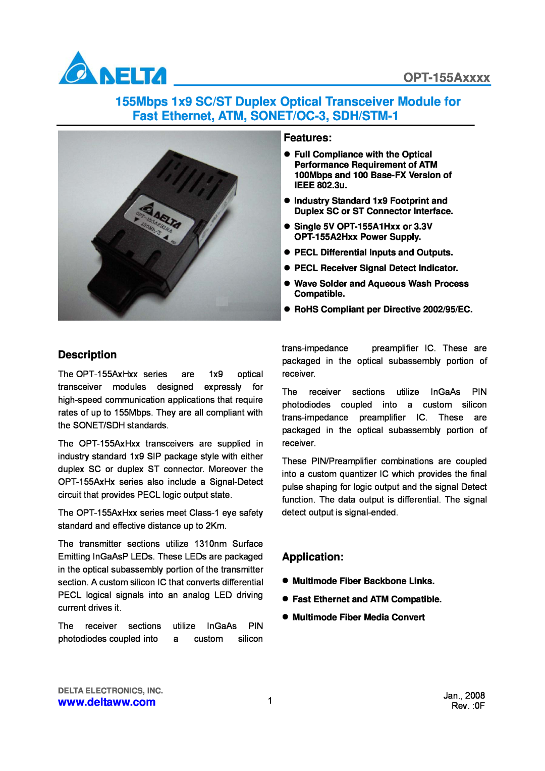 Delta Electronics OPT-155Axxxx manual Features, Description, Application 