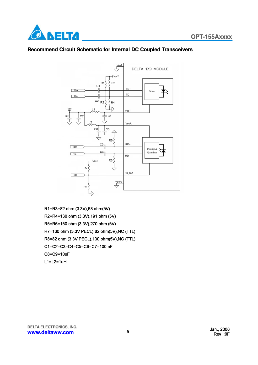 Delta Electronics OPT-155Axxxx Recommend Circuit Schematic for Internal DC Coupled Transceivers, Delta Electronics, Inc 