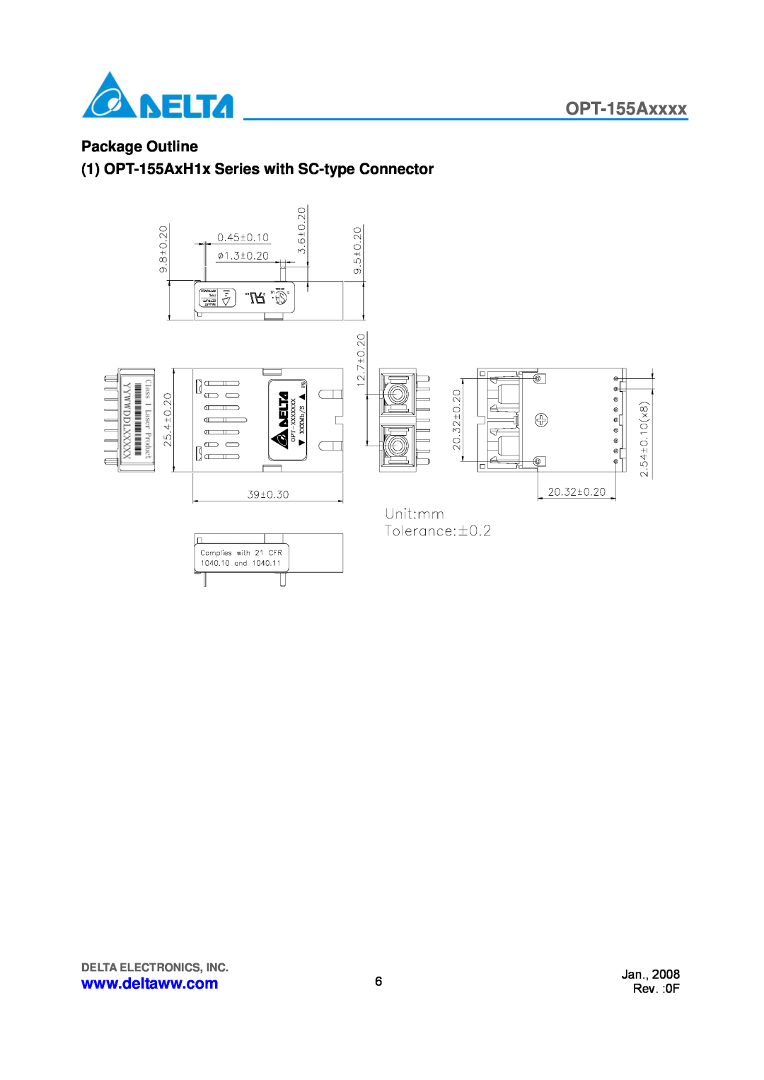 Delta Electronics OPT-155Axxxx manual Package Outline 1 OPT-155AxH1x Series with SC-type Connector, Delta Electronics, Inc 