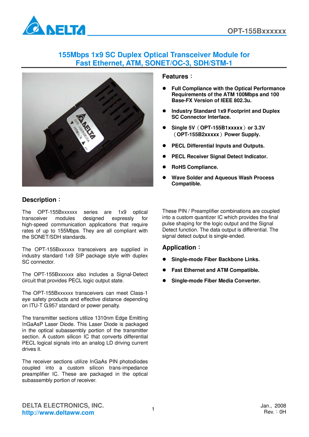 Delta Electronics OPT-155Bxxxxxx manual Features：, Description：, Application： 