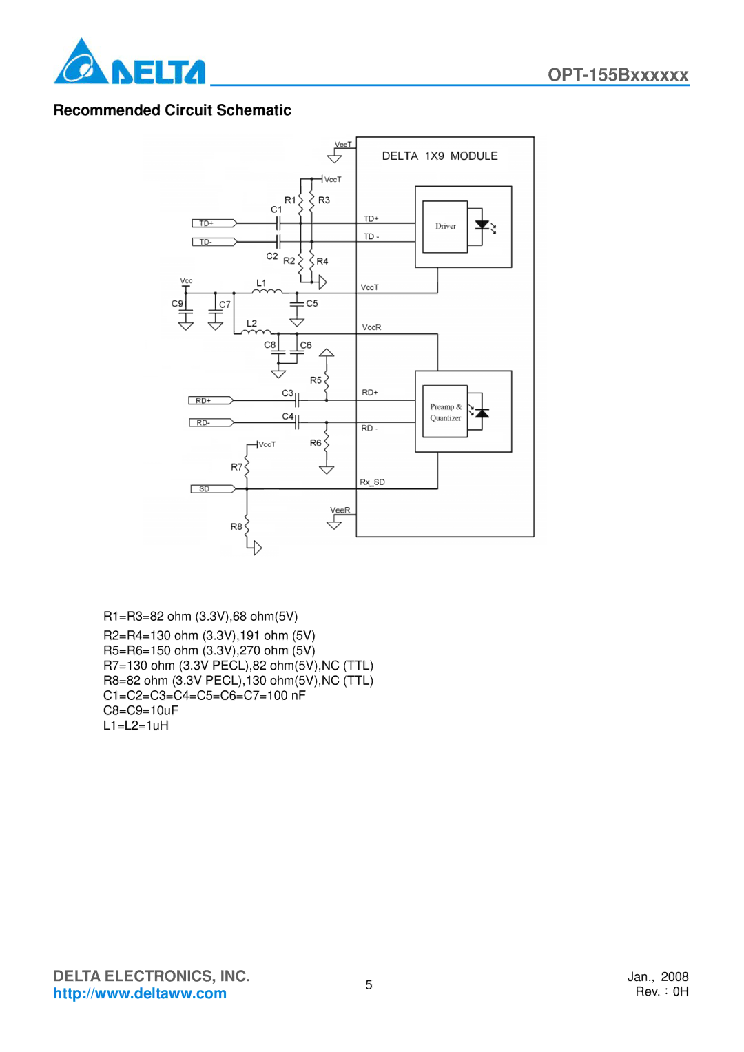 Delta Electronics OPT-155Bxxxxxx manual Recommended Circuit Schematic 