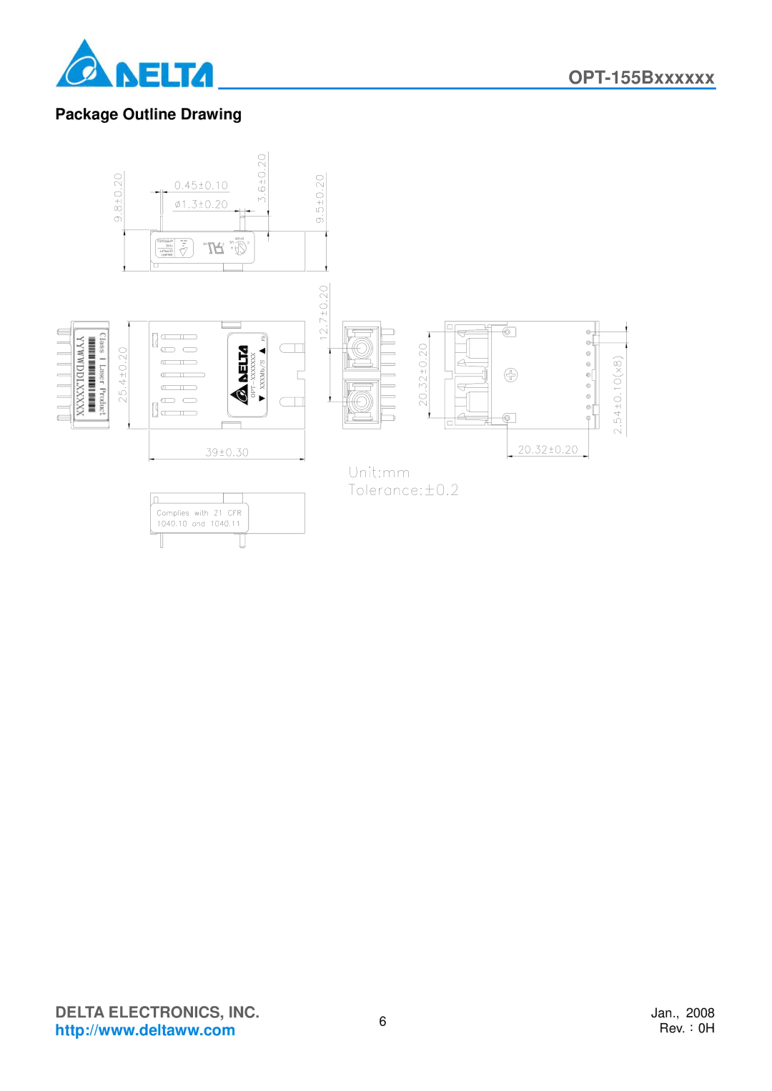 Delta Electronics OPT-155Bxxxxxx manual Package Outline Drawing 