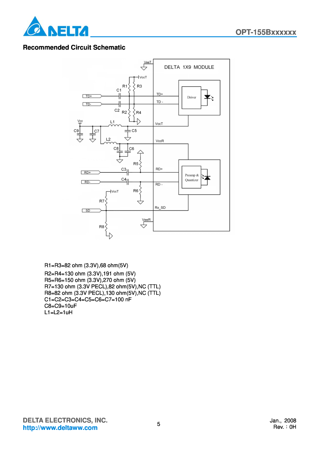 Delta Electronics OPT-155Bxxxxxx manual Recommended Circuit Schematic, Delta Electronics, Inc, R1=R3=82 ohm 3.3V,68 ohm5V 