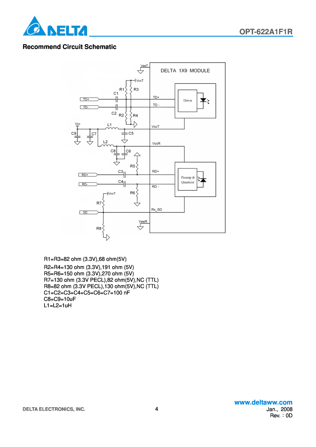 Delta Electronics OPT-622A1F1R manual Recommend Circuit Schematic, Delta Electronics, Inc 
