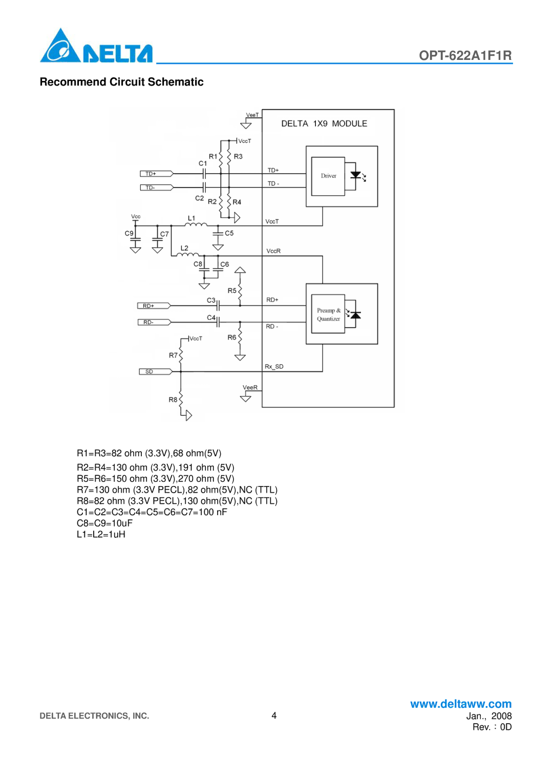 Delta Electronics OPT-622A1F1R manual Recommend Circuit Schematic 