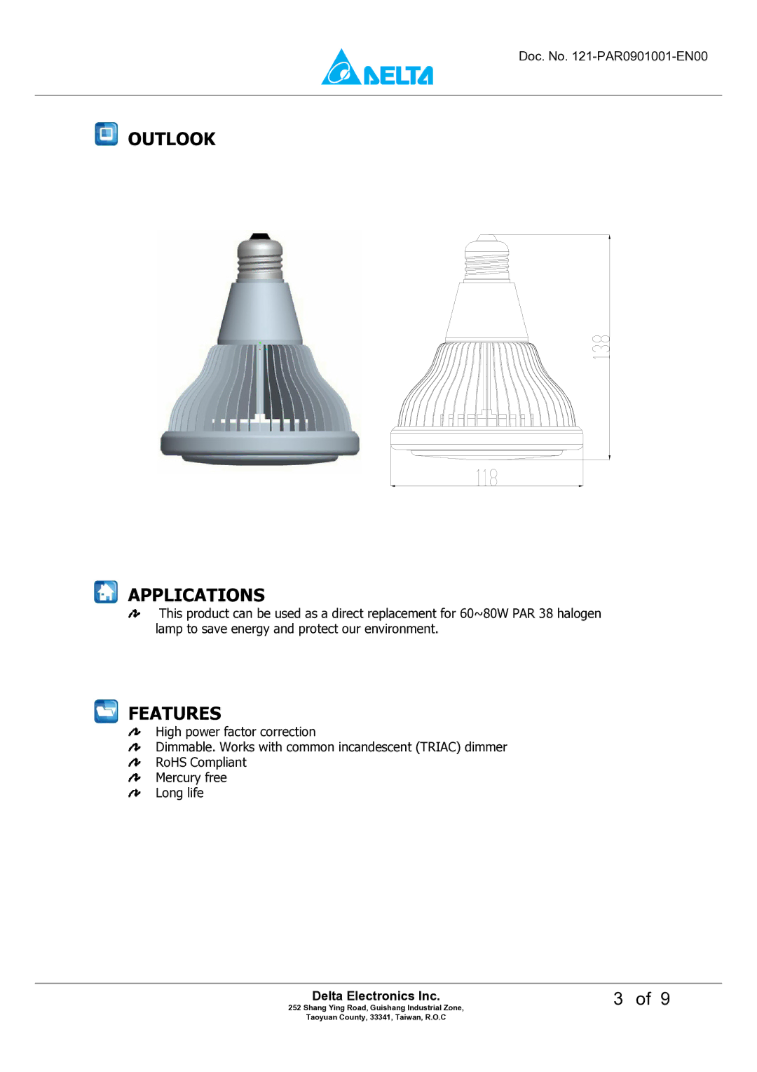 Delta Electronics P8DT-15A manual Outlook Applications, Features 