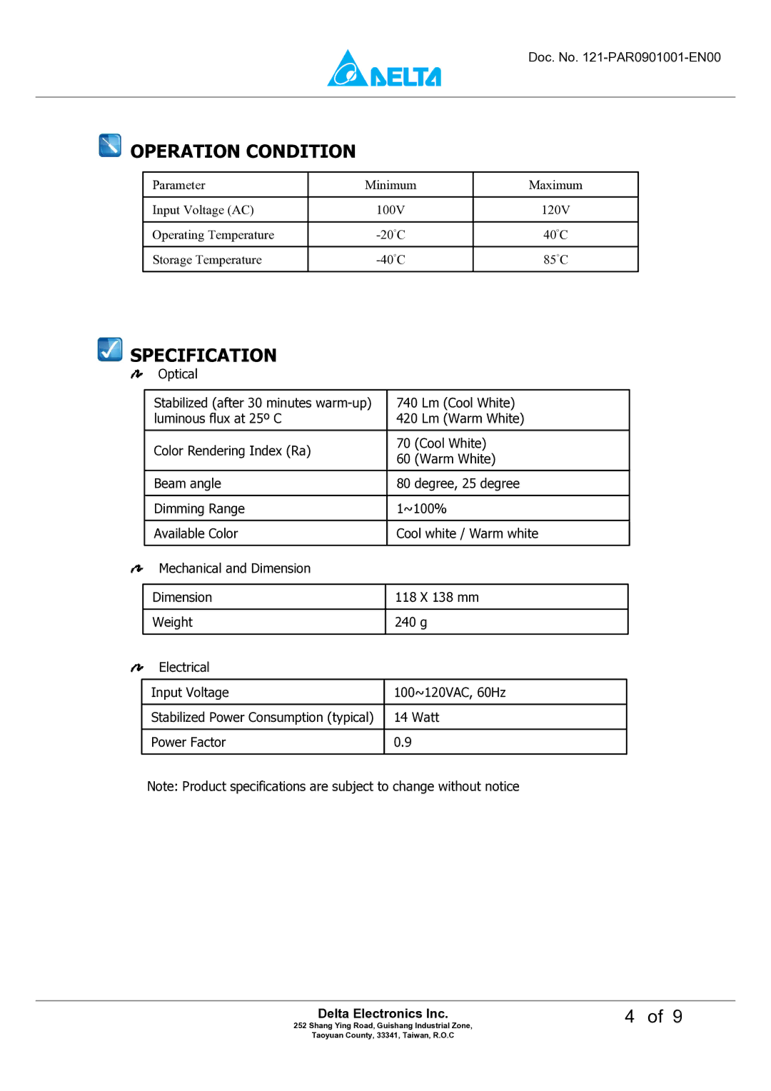 Delta Electronics P8DT-15A manual Operation Condition, Specification 