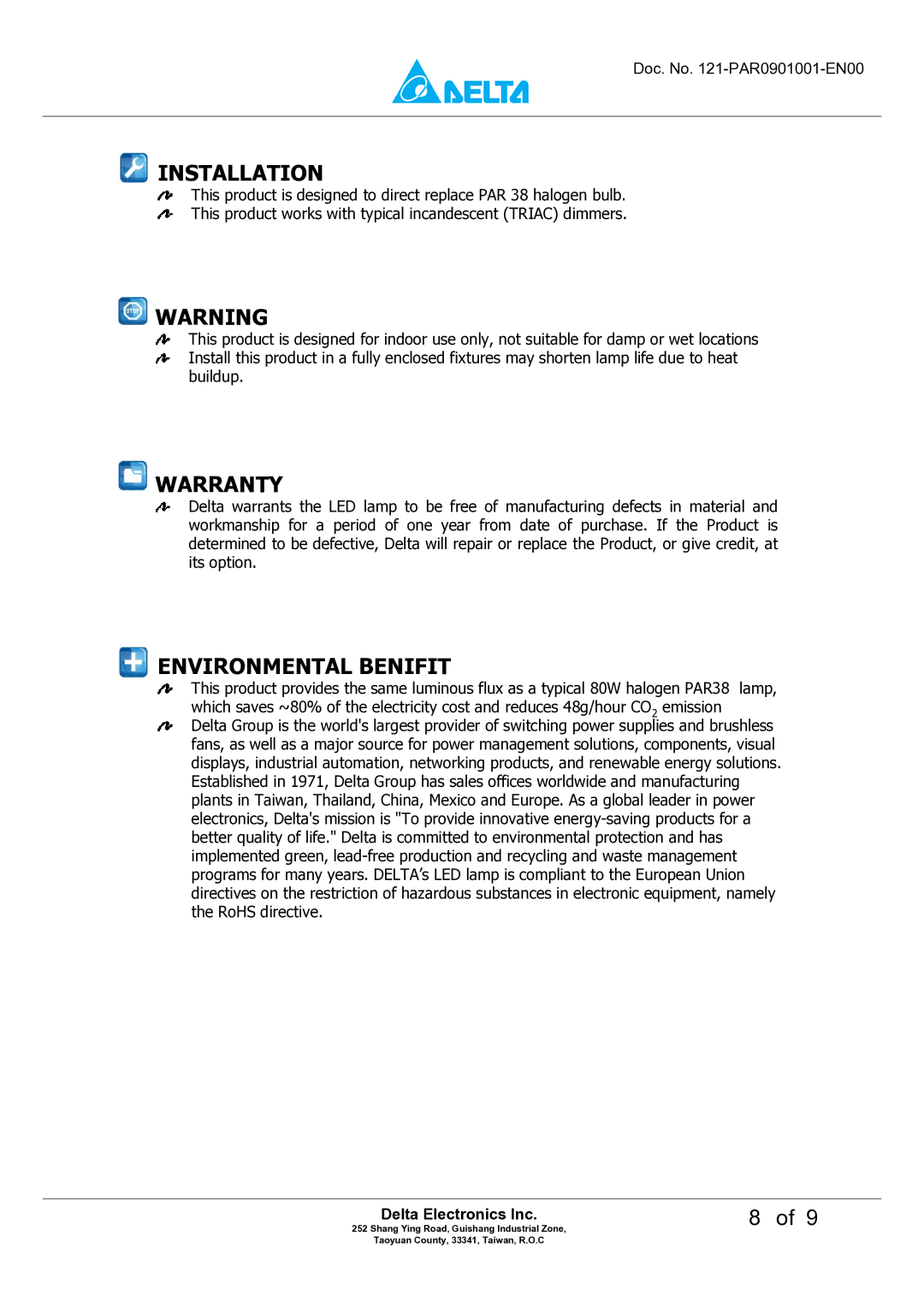Delta Electronics P8DT-15A manual Installation, Warranty, Environmental Benifit 