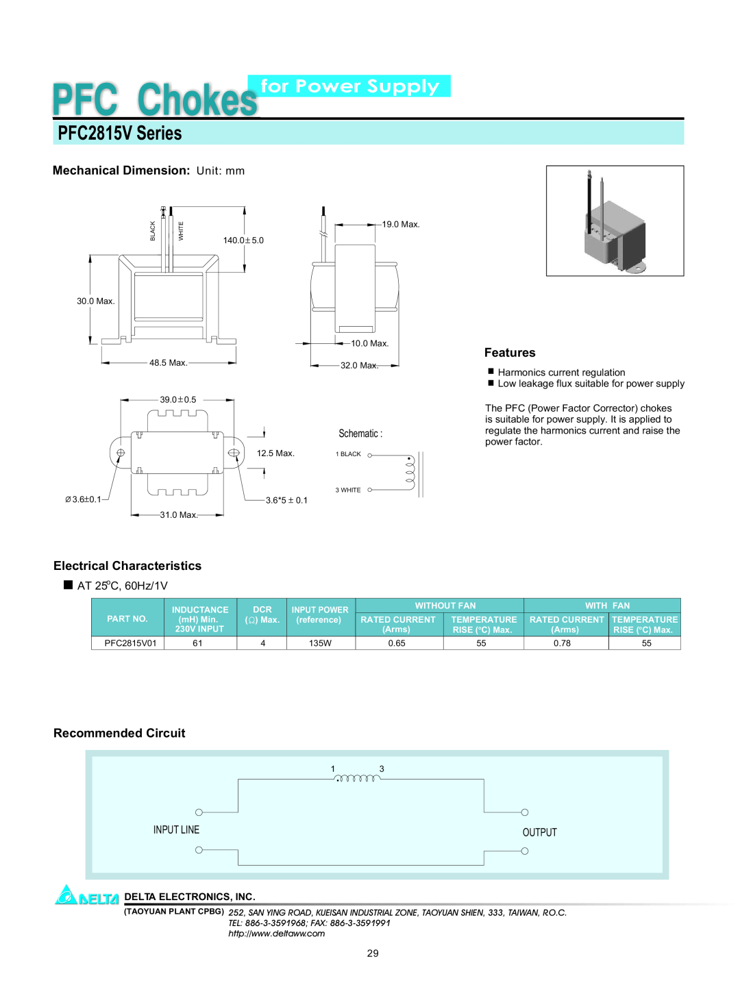 Delta Electronics PFC2815V Series manual for Power Supply, Mechanical Dimension Unit mm, Features, Recommended Circuit 
