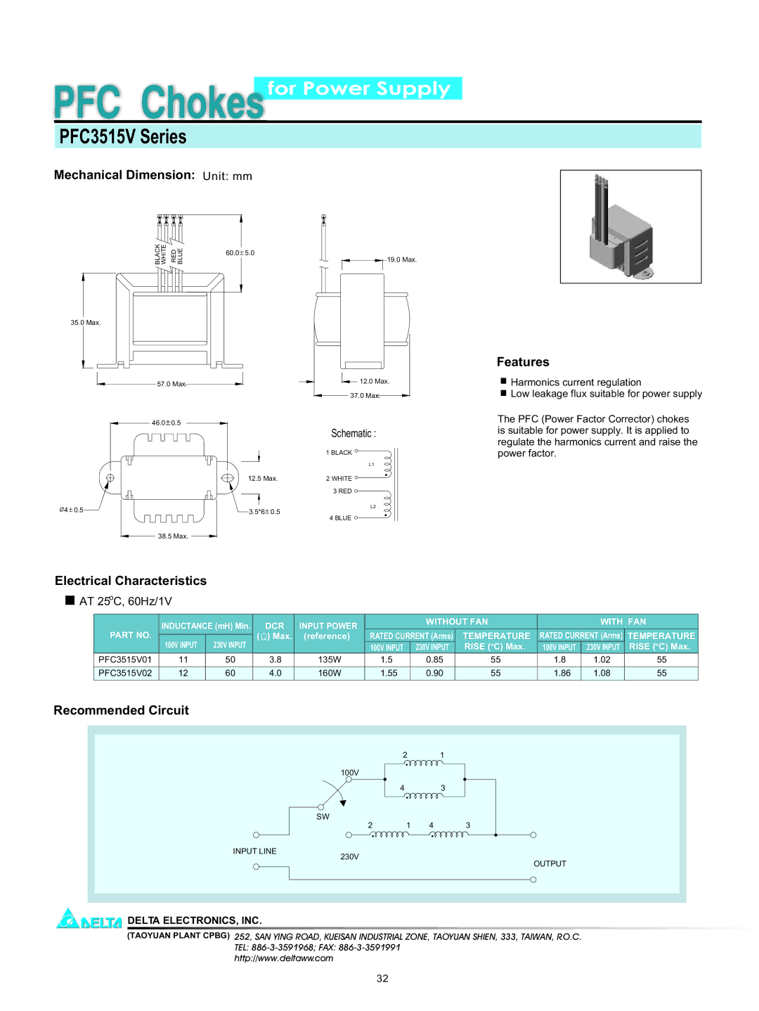 Delta Electronics PFC3515V Series manual Mechanical Dimension Unit mm, Features, Electrical Characteristics 