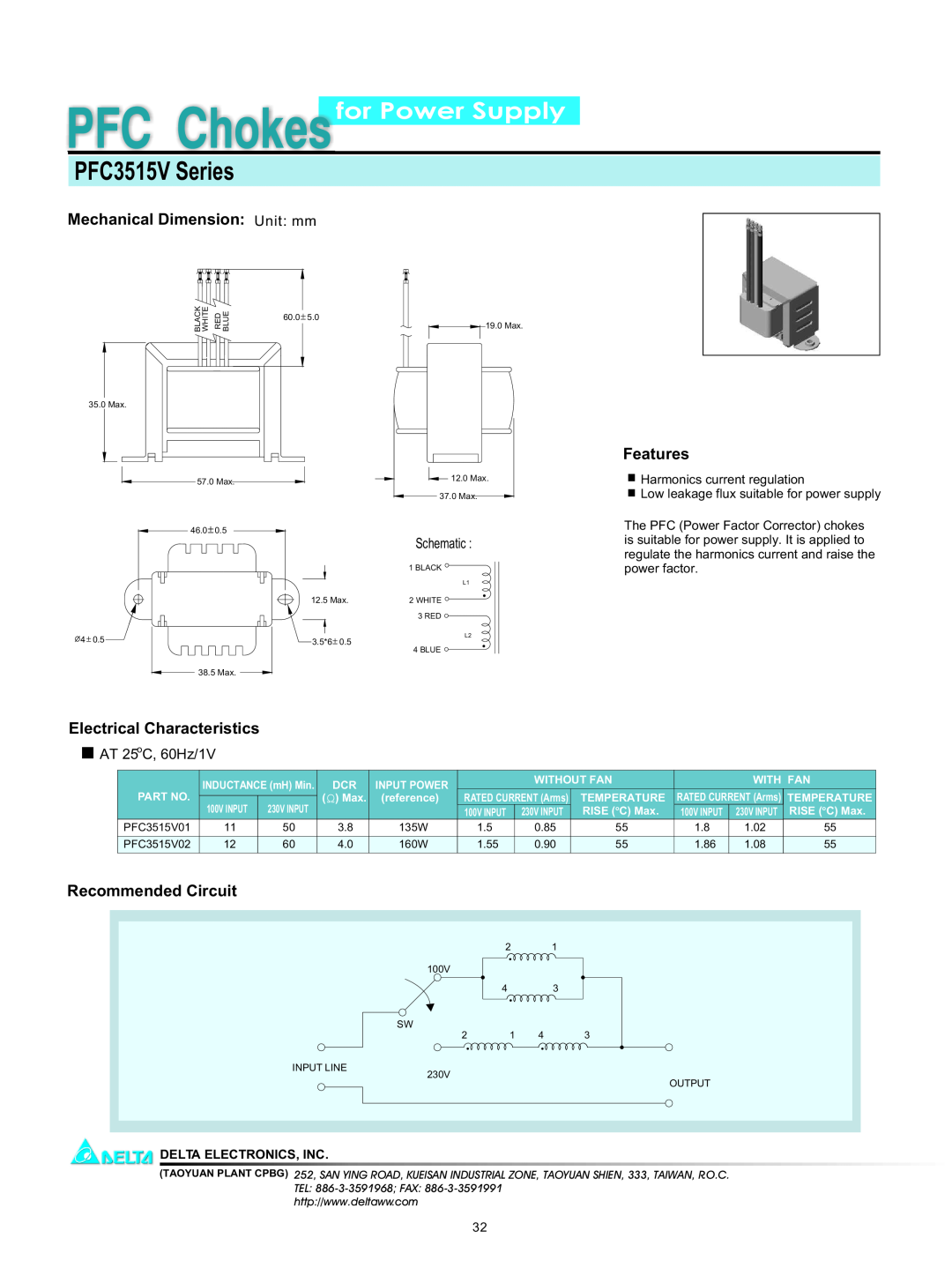 Delta Electronics PFC3515V Series manual for Power Supply, Mechanical Dimension Unit mm, Features, Recommended Circuit 