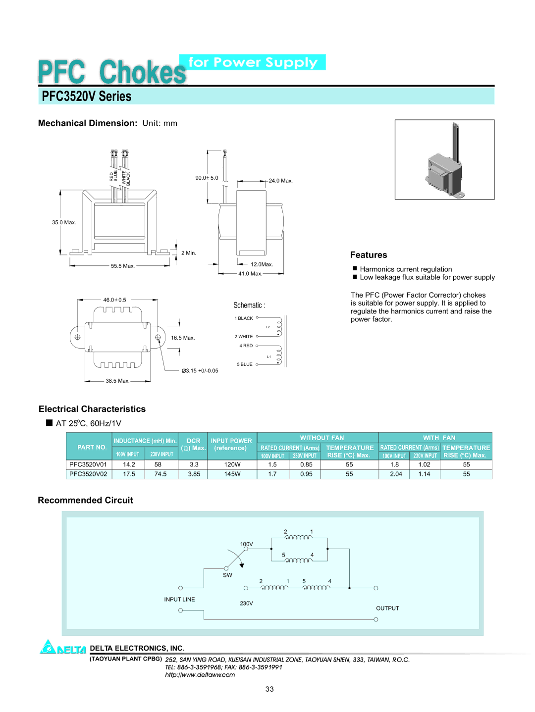 Delta Electronics PFC3520V Series manual Mechanical Dimension Unit mm, Features, Electrical Characteristics 