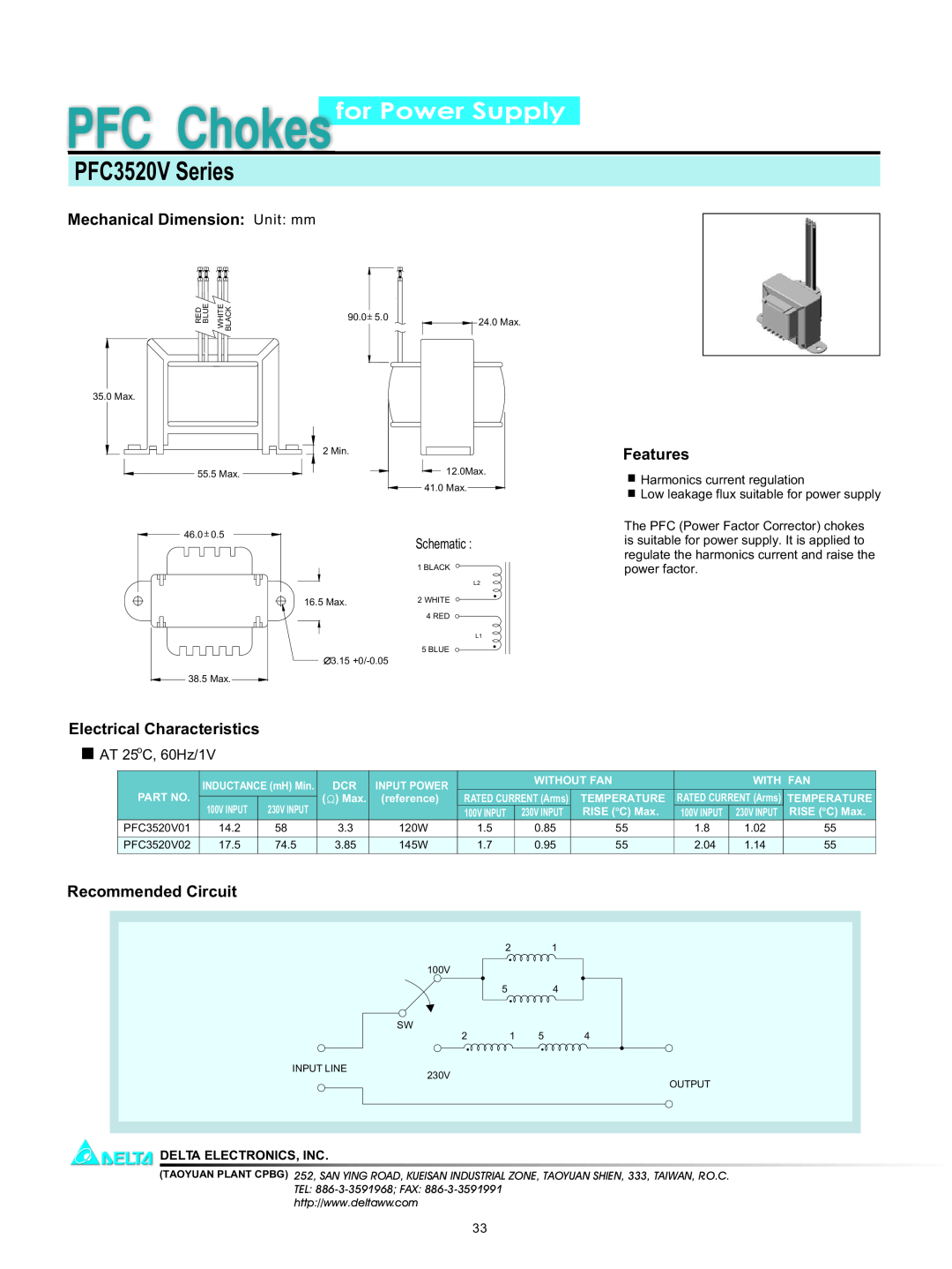 Delta Electronics PFC3520V Series manual for Power Supply, Mechanical Dimension Unit mm, Features, Recommended Circuit 