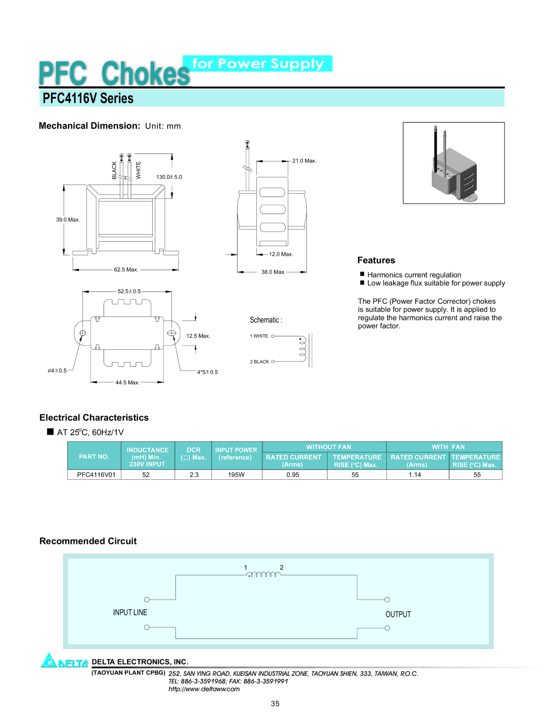 Delta Electronics PFC4116V Series manual Mechanical Dimension Unit mm, Features, Electrical Characteristics 