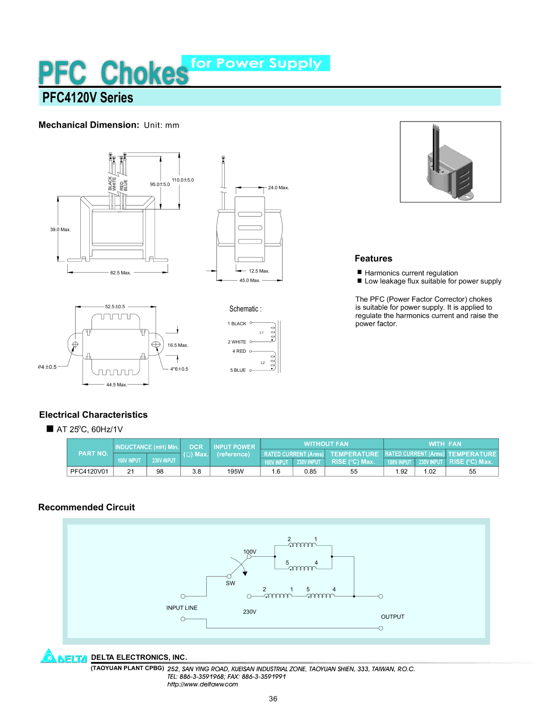 Delta Electronics PFC4120V Series manual Mechanical Dimension Unit mm, Features, Electrical Characteristics 