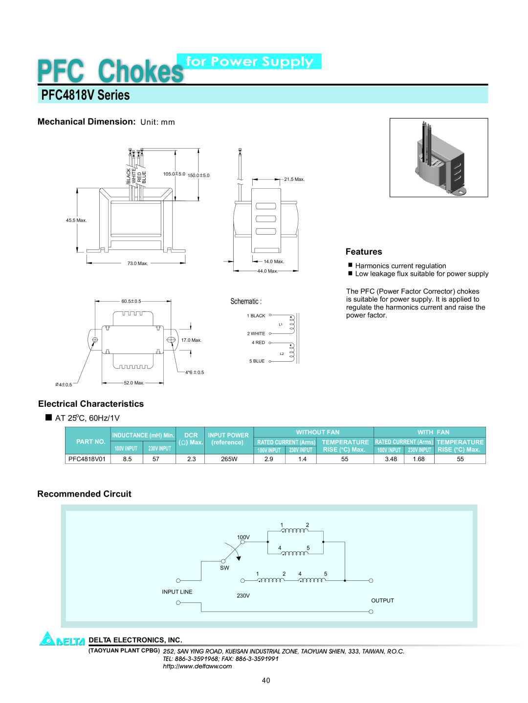 Delta Electronics PFC4818V Series manual for Power Supply, Mechanical Dimension Unit mm, Features, Recommended Circuit 