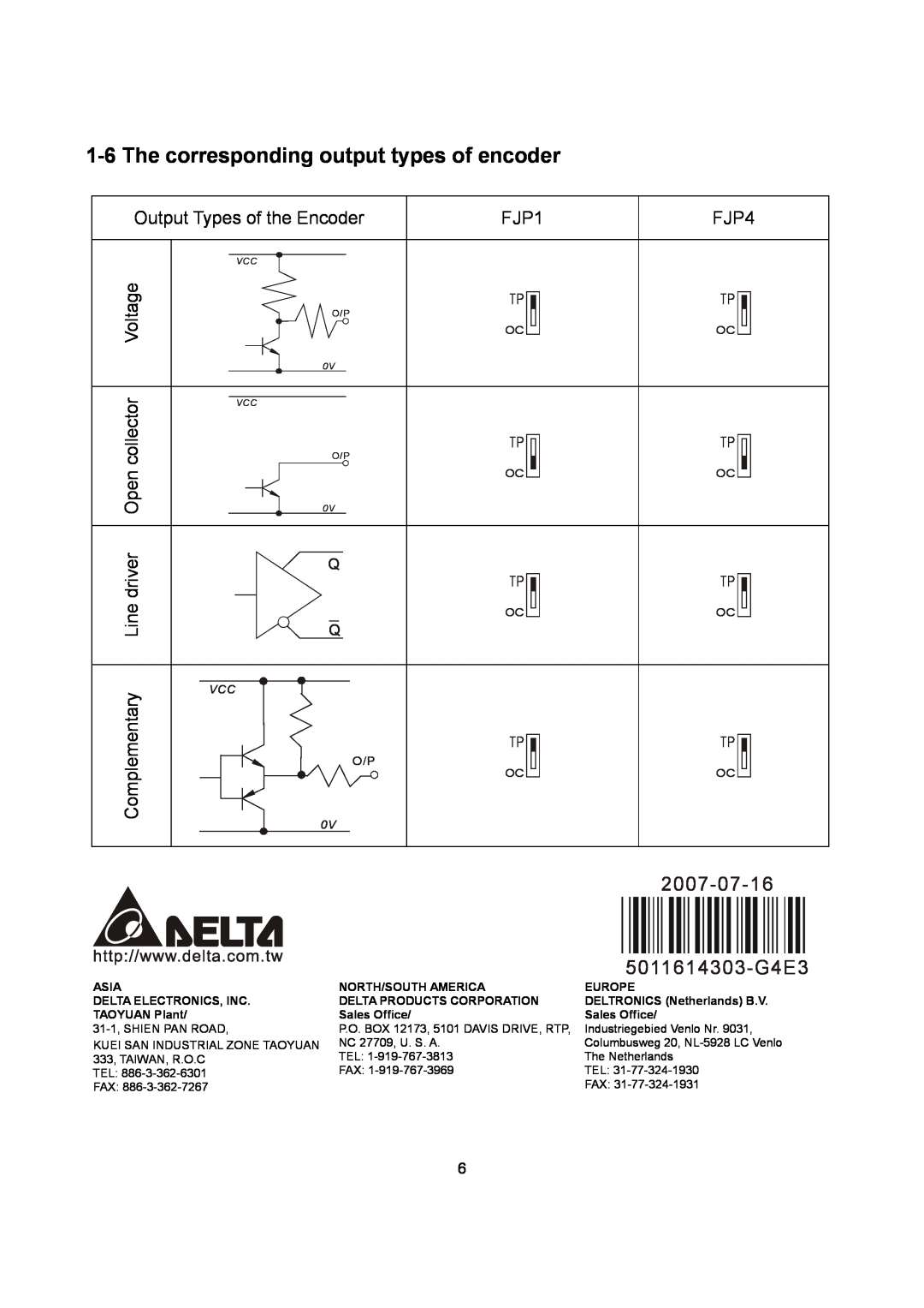 Delta Electronics PG-04 The corresponding output types of encoder, 2007-07-16, 5011614303-G4E3, FJP1, FJP4, Voltage 