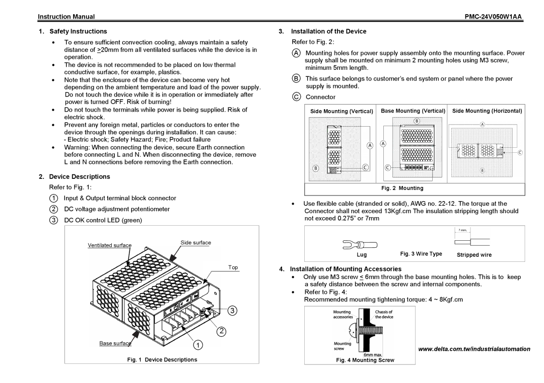 Delta Electronics PMC-24V050W1AA instruction manual Safety Instructions, Device Descriptions Refer to Fig 