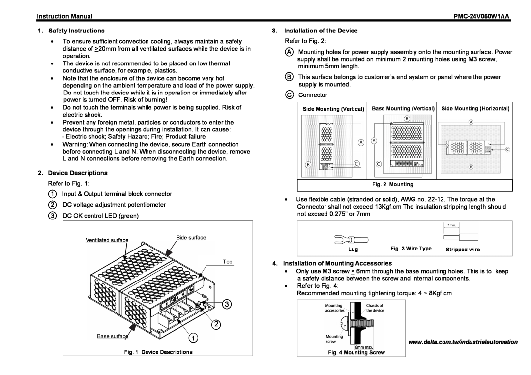 Delta Electronics PMC-24V050W1AA instruction manual Instruction Manual 1. Safety Instructions 
